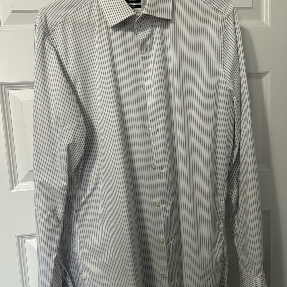 Strellson Sz 16 White and Gray Dress Shirt with Slim Fit